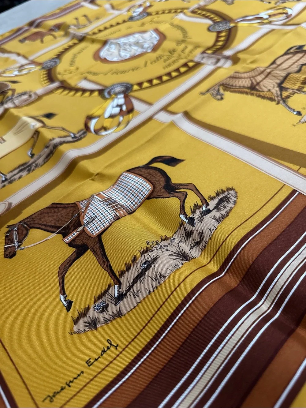 Hermès Paris Gold & Brown Equestrian Silk Scarf - Picture 8 of 10